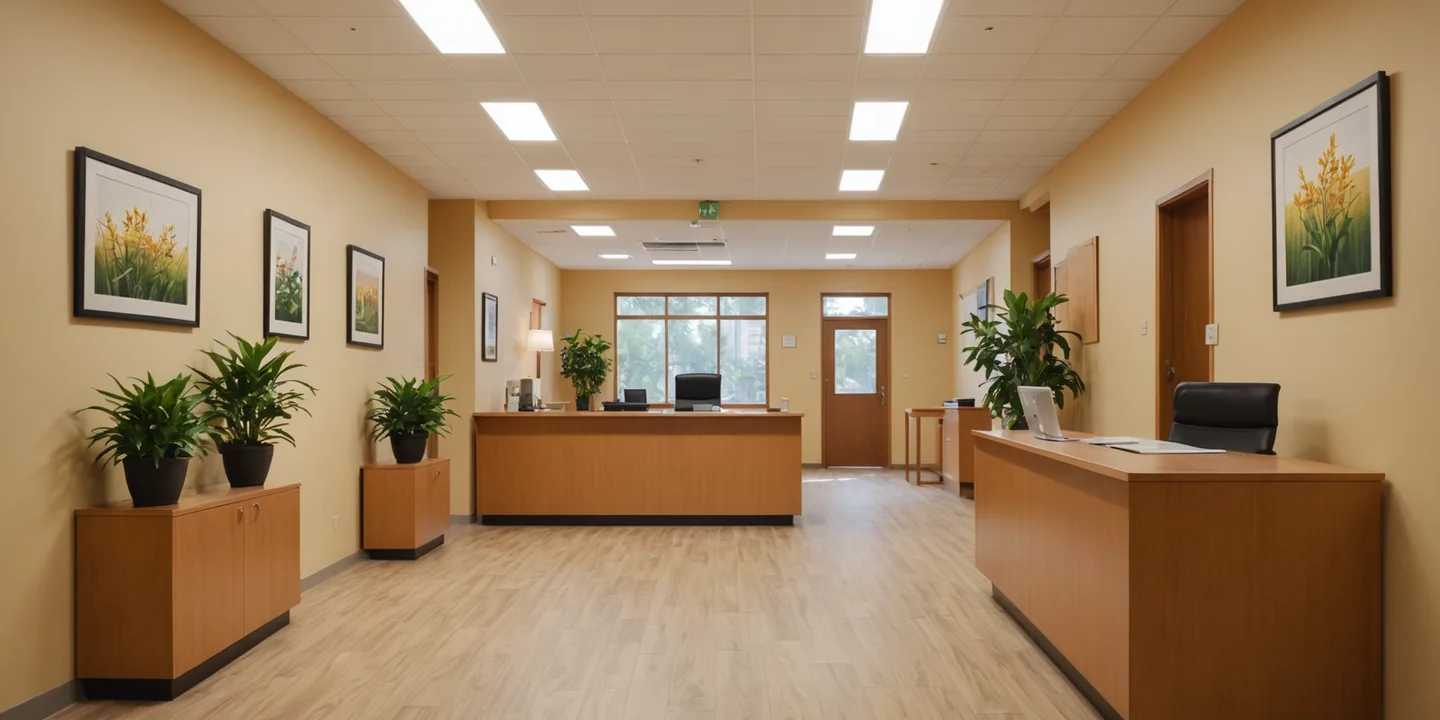 A clinic hallway in early morning light, before the day begins